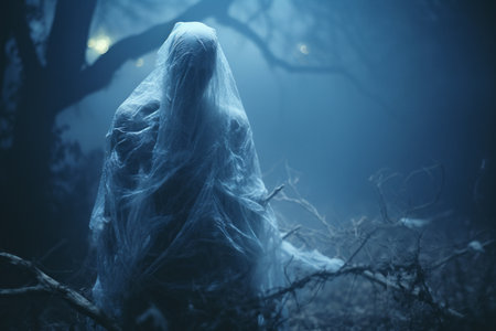 a ghostly figure in a forest at nightの素材