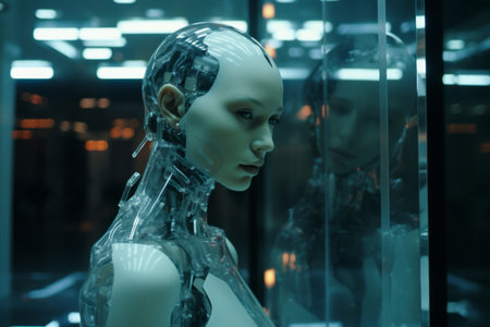 a female robot in a glass case with her back to the cameraの素材