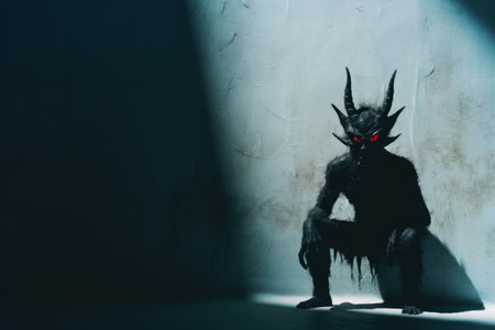 a demon with red eyes sitting in a dark roomの素材