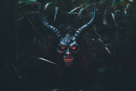 a demon head with horns and red eyes in the woodsの素材