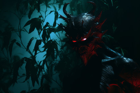 a demon with glowing red eyes in the darkの素材