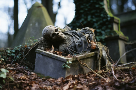 an old grave with a skeleton laying on top of itの素材