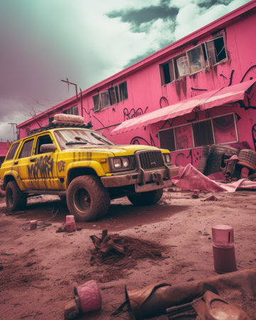 an old yellow truck parked in front of a pink buildingの素材