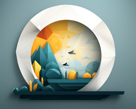 an abstract illustration of a mountain scene in a circular frameの素材