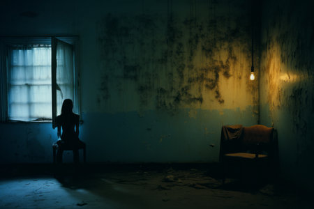 an empty room with a chair and a statue sitting in front of a windowの素材