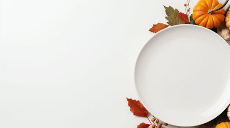 a white plate surrounded by pumpkins and autumn leavesの素材