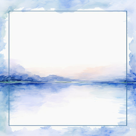 a watercolor painting of the ocean with a blue sky in the backgroundの素材