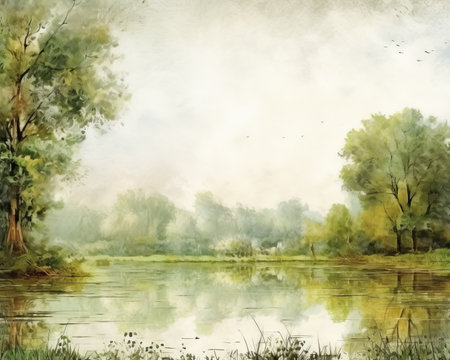 a watercolor painting of a river and treesの素材