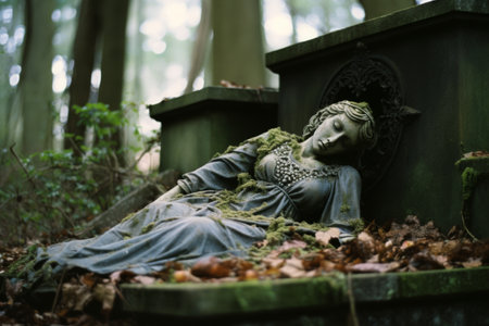 a statue laying on top of a tombstone in the woodsの素材