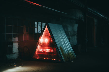 a triangle shaped sign with a red light in front of itの素材