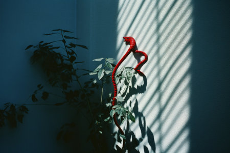 a red rope hanging from a wall next to a plantの素材