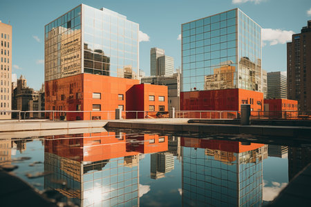 a reflection of a building in a pool of waterの素材