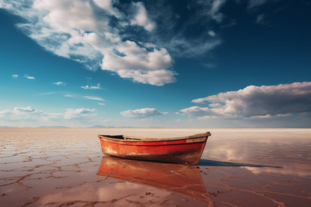 a red boat sits on the surface of a dry lakeの素材