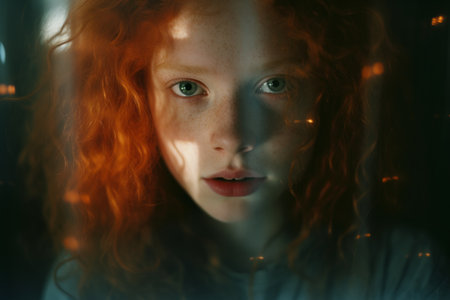 a red haired girl with green eyes looks into the cameraの素材