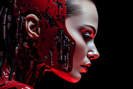 the face of a woman in a red robot suitの素材