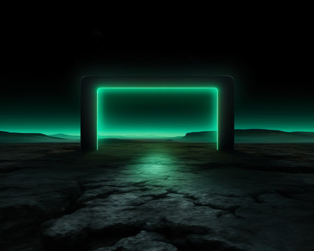 a green light is coming out of a door in the desertの素材