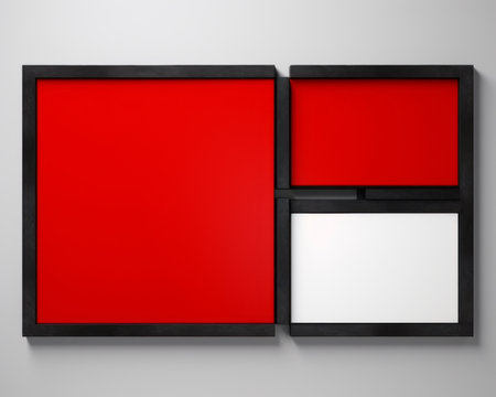 a red and white square frame on a gray wallの素材