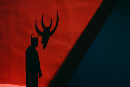 a shadow of a man standing in front of a red wallの素材