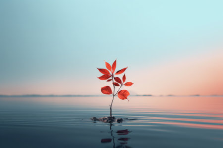 a red plant growing out of the water in the middle of a lakeの素材