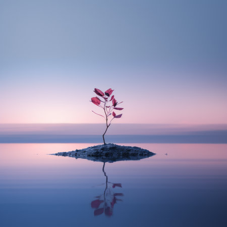 a red plant growing on an island in the middle of the waterの素材