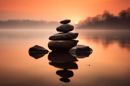 a stack of rocks sitting on the water at sunsetの素材