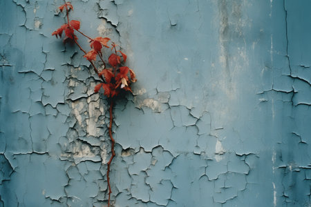 a red plant growing on a peeling blue wallの素材