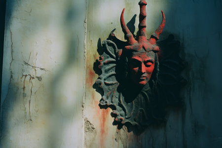 a red and black face on the side of a buildingの素材