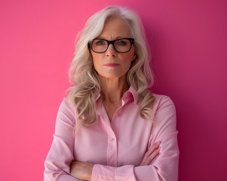 an older woman with glasses standing against a pink wallの素材