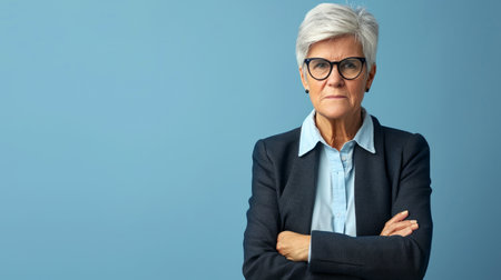 an older woman with glasses standing with her arms crossedの素材