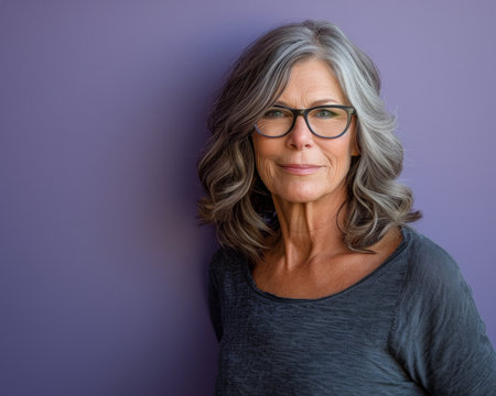 an older woman with glasses standing against a purple wallの素材