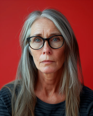 an older woman with glasses on a red backgroundの素材