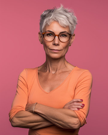 an older woman with glasses standing with her arms crossed on a pink backgroundの素材
