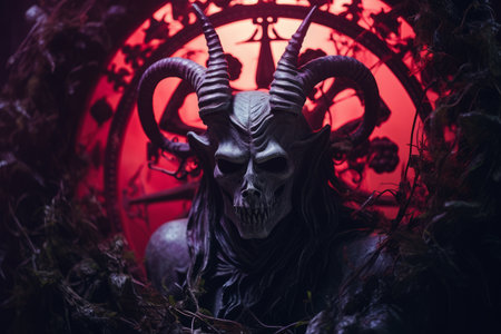 a statue of a demon with horns in front of a red lightの素材