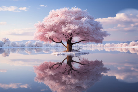 a pink tree is reflected in a body of waterの素材