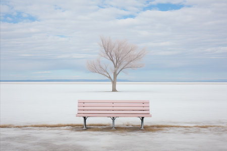 a pink bench sitting in the middle of a snowy fieldの素材