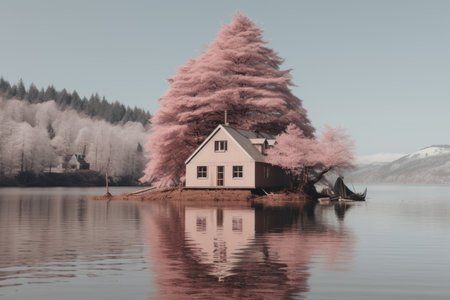 a pink house sits on an island in the middle of a lakeの素材