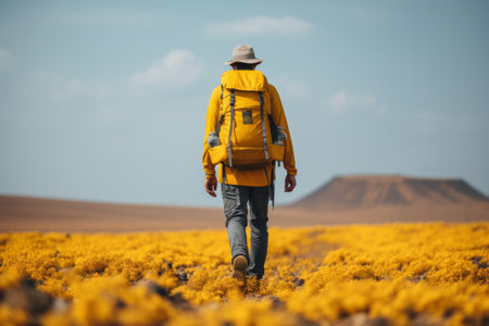 a man with a yellow backpack walking through a field of yellow flowersの素材