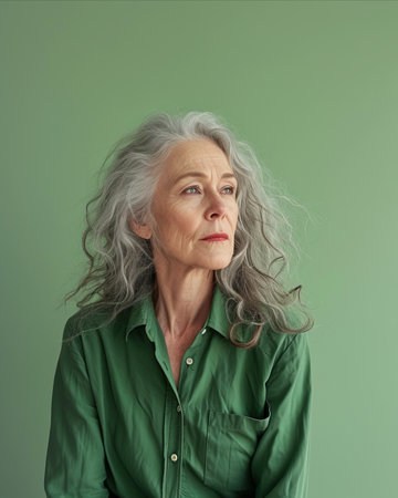 an older woman with gray hair and a green shirtの素材