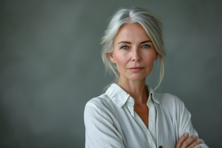 an older woman with gray hair and a white shirtの素材
