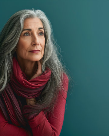 an older woman with gray hair and a red scarfの素材