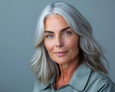 an older woman with gray hair and blue eyesの素材