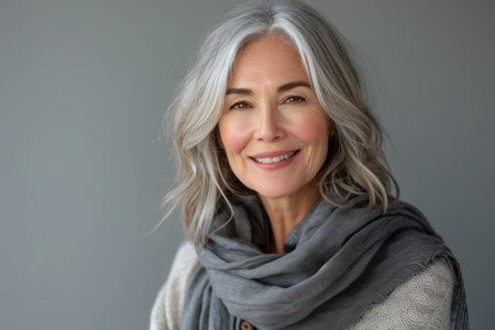 an older woman with gray hair and a scarfの素材
