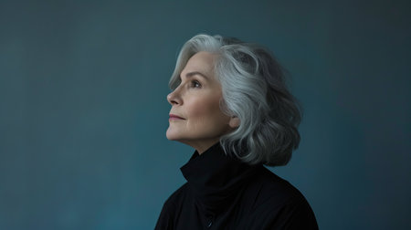 an older woman with gray hair looking off to the sideの素材