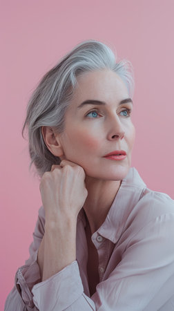 an older woman with gray hair posing against a pink backgroundの素材