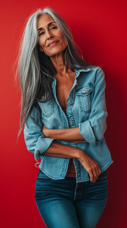 an older woman with gray hair posing against a red backgroundの素材