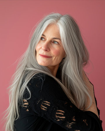an older woman with gray hair posing for the cameraの素材