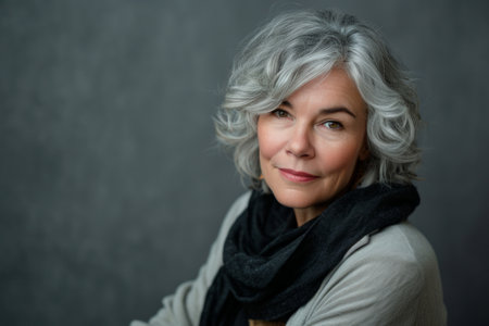 an older woman with gray hair posing for the cameraの素材
