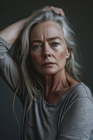 an older woman with gray hair posing for the cameraの素材