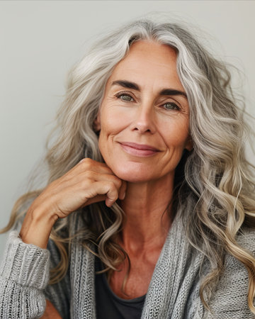 an older woman with gray hair posing for the cameraの素材