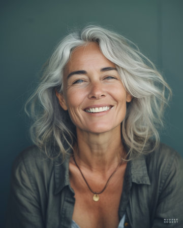 an older woman with gray hair smilingの素材